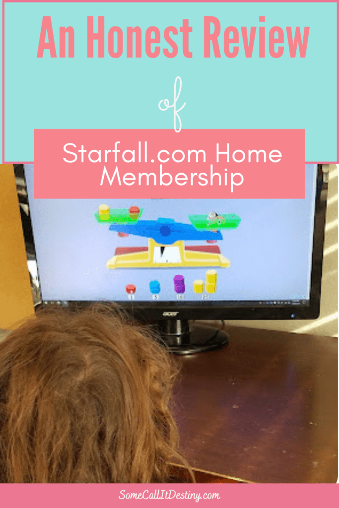 girl sitting at desk doing math on Starfall. Text reads an honest review of Starfall.com home membership
