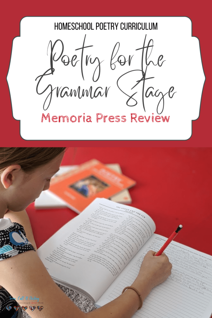 text read homeschool poetry curriculum grammar for the poetry stage memoria press review image of girl sitting at table doing workbook