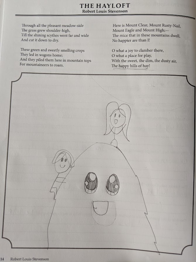 poetry for the grammar stage student page with drawing of two kids and hayloft with a smiley face