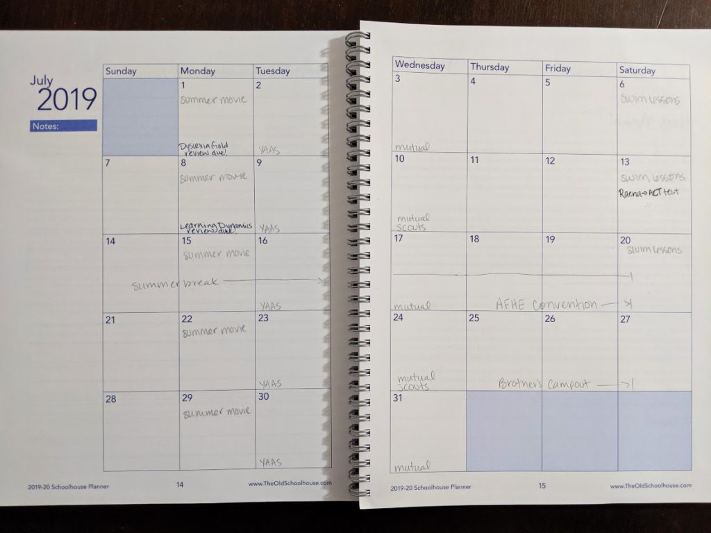 july 2019 calendar page homeschool planner