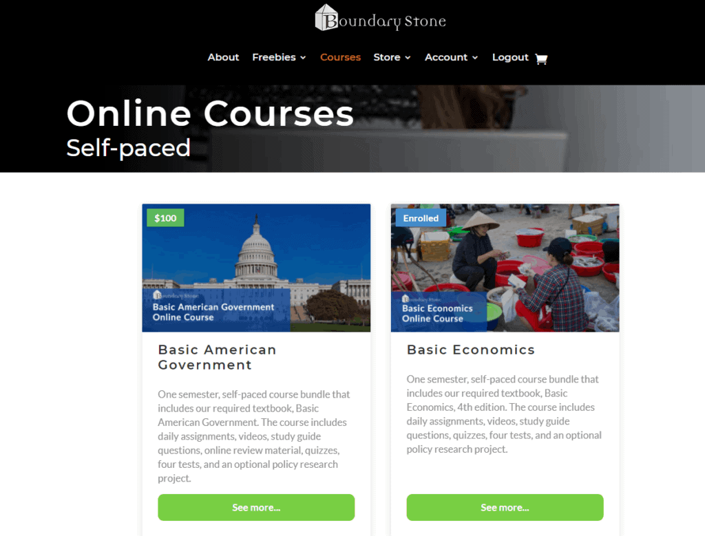 Boundary Stone self-paced online homeschool Basic American Government and Basic Economics Courses