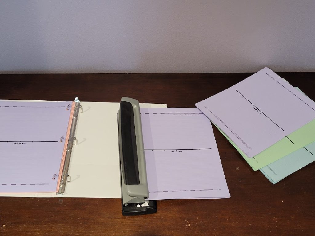 assembling timeline notebook pages in binder