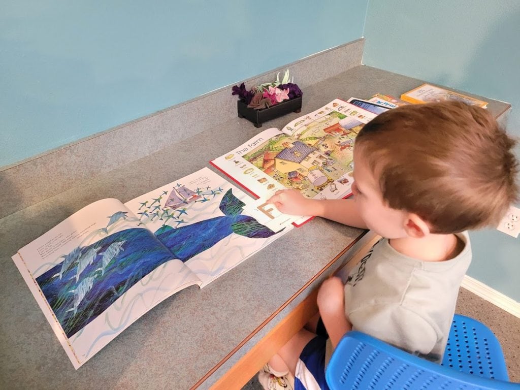 little boy tracing Sonlight sandpaper textile letter F from Exploring God's World