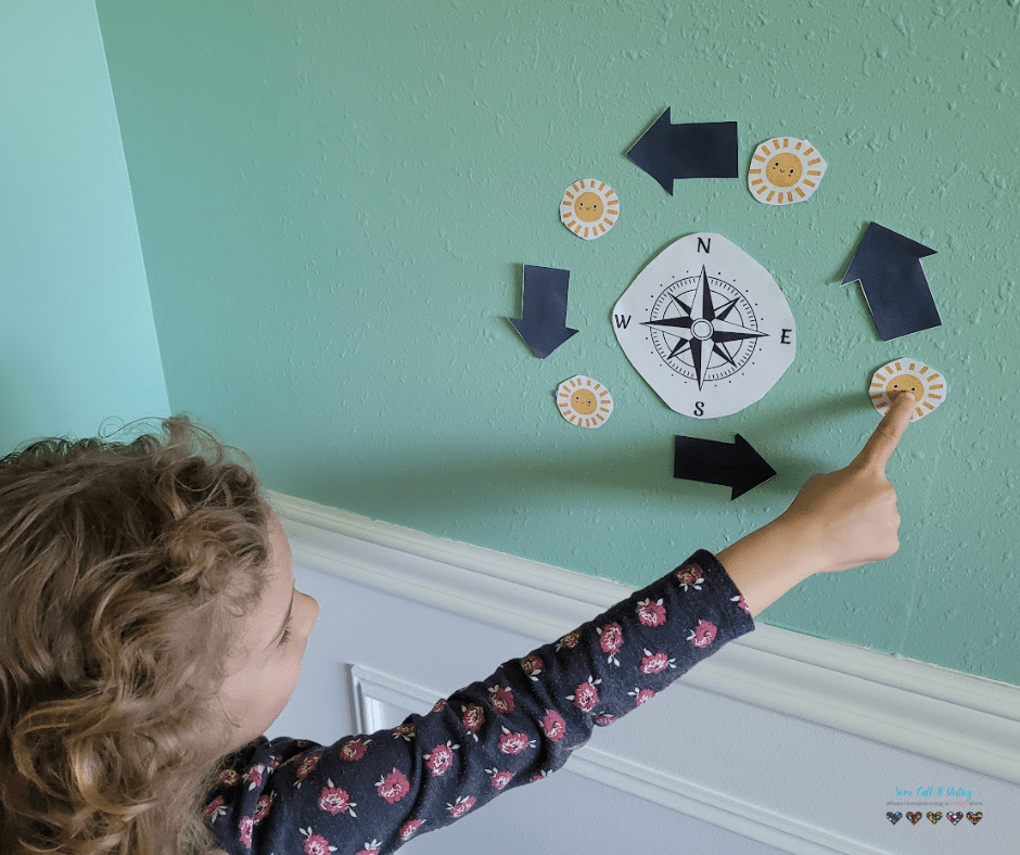 Lenora pointing to a picture of the sun to the East of the compass on the wall