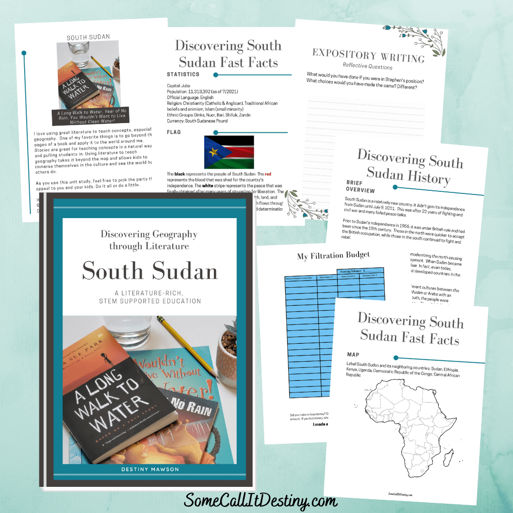 Pages in the South Sudan unit study: image of cover, intro, fast facts, reflective question, history overview, filtration budget, and map.