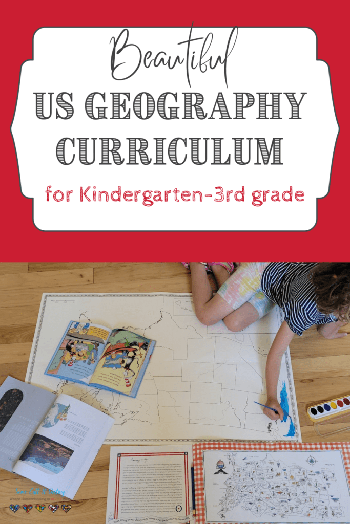 text reads beautiful US geography curriculum for kindergarten-3rd grade. Image of Lenora painting large US map from Beautiful Feet.
