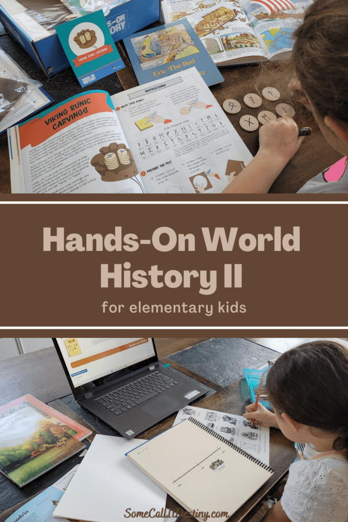 top picture of little girl doing Viking runic carvings; text hands-on world history II for elementary kids; bottom picture little girl at table coloring images for timeline notebook