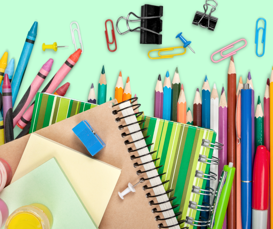 homeschool supplies-notebooks, pens, colored pencils, paper clips, crayons 