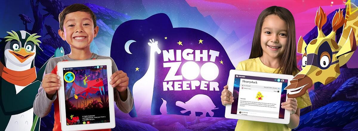 boy and girl showing tablet with Night Zookeeper