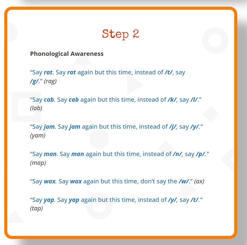lesson in level one of PRIDE Reading; Step 2 Phonological awareness