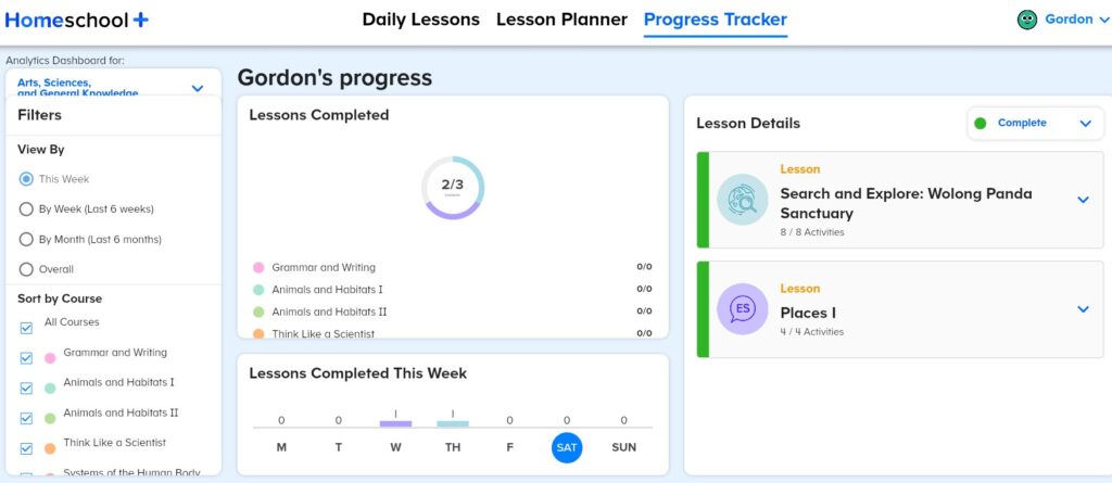 Homeschool+ progress tracker for online Pre-K lessons